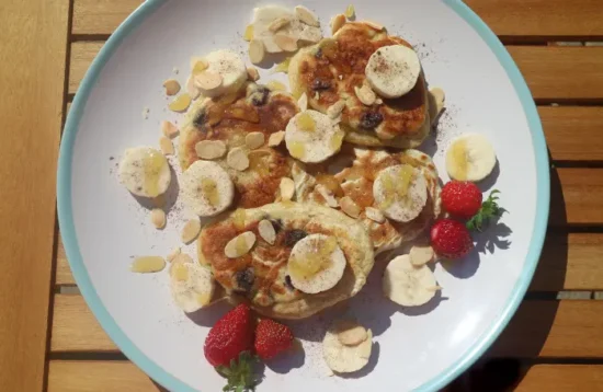 Banana, blueberry and lemon pancakes