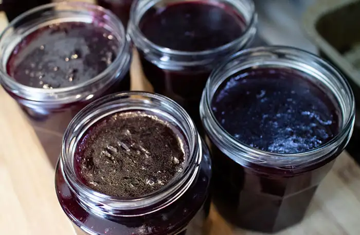 Four jars of blackcurrant jam, made from following this easy blackcurrant jam recipe
