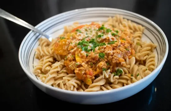 A bowl of Vegetarian Spaghetti Bolognese with pasta