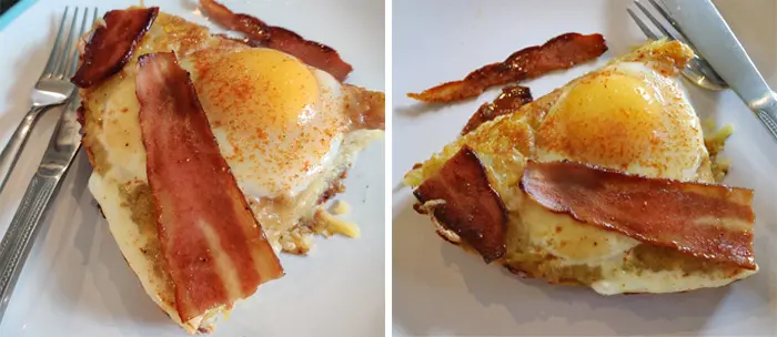 The finished breakfast of eggs baked on hash browns with caramelised bacon. Sliced up and placed on a dinner plate. 