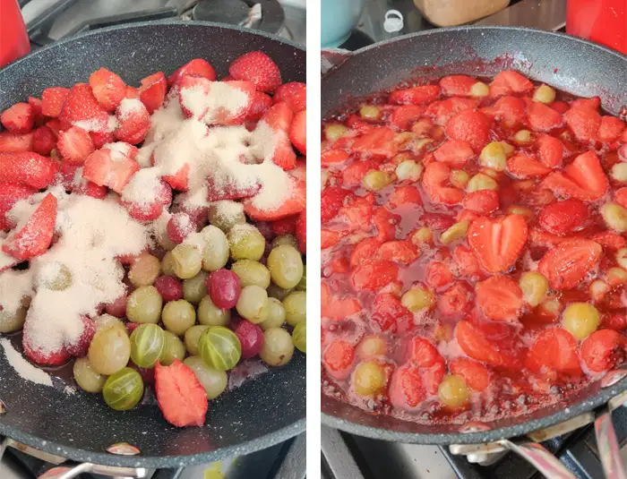 Making the filling for the strawberry & gooseberry pie by cooking the fruits with the sugar in a wide pan