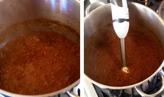 A before & after shot of the Smoky Tomato Chilli Chutney. Before it is all lumpy and after being blended it is nice and smooth. 