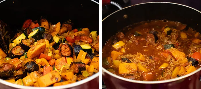 The Vegan Jambalaya recipe - ingredients cooking in a red saucepan