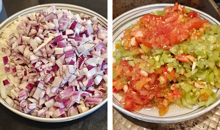 Chopped onions and chopped tomatoes in white dishes