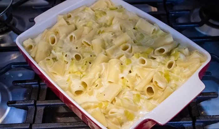 The unbaked Leek Pasta Bake, before it goes into the oven