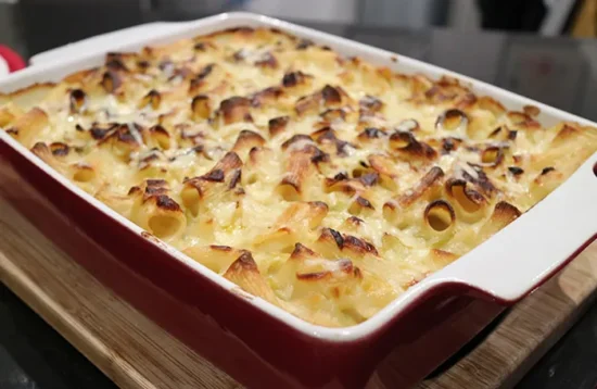 Leek Pasta Bake Recipe - Bakes in a red lasagne dish